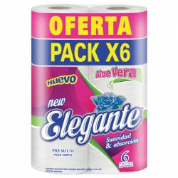 Papel Higiénico Hoja Simple New Elegante con Aloe Vera 30 m x 6 un.